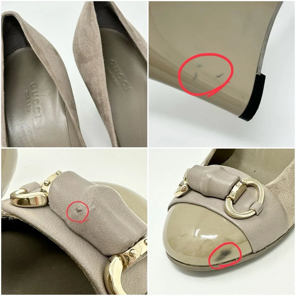GUCCI Horsebit Accent Suede Wedge Pumps Heels Taupe Womens 35 5